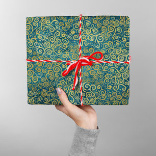 Elegant Vintage Gold Swirl Pattern Boho Dusty Blue Wrapping Paper