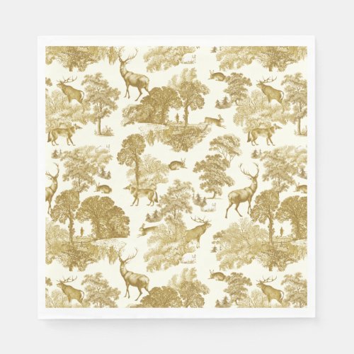 Elegant Vintage Gold Toile Deer Fox Woodland  Napkins