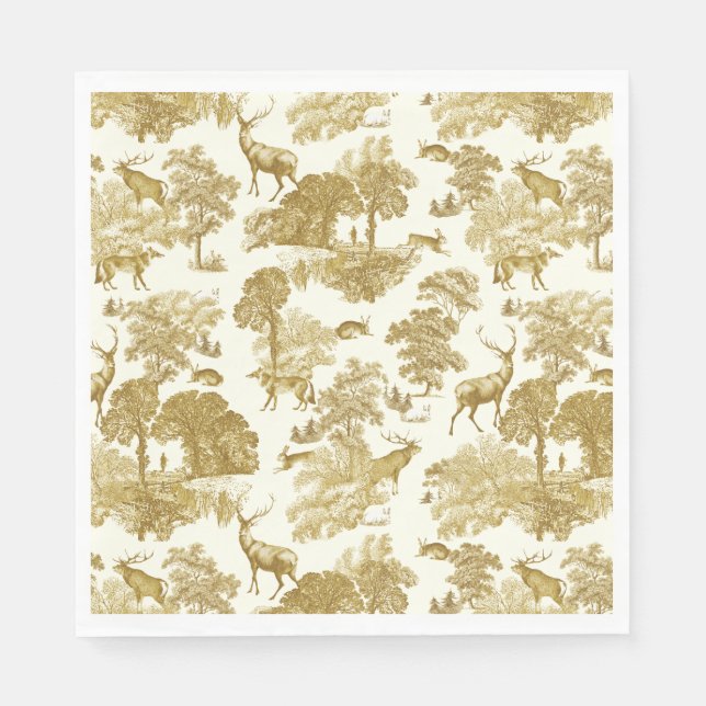 Elegant Vintage Gold Toile Deer Fox Woodland  Napkins (Front)