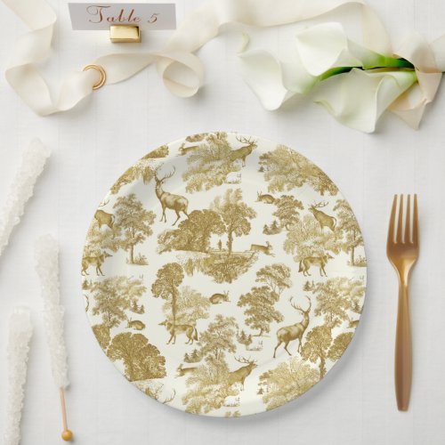 Elegant Vintage Gold Toile Deer Fox Woodland  Paper Plates