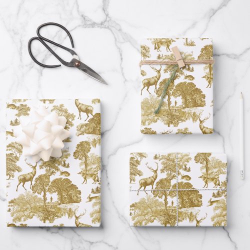 Elegant Vintage Gold Toile Deer Fox Woodland  Wrapping Paper Sheets