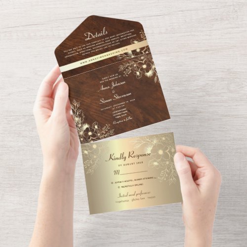 Elegant Vintage Gold Wedding All In One Invitation