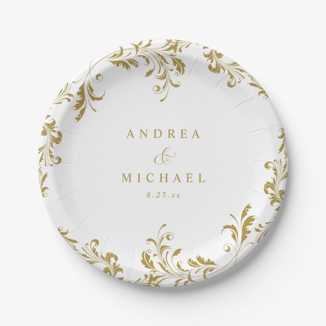 Elegant Vintage Gold Wedding Dessert Paper Plates (Front)