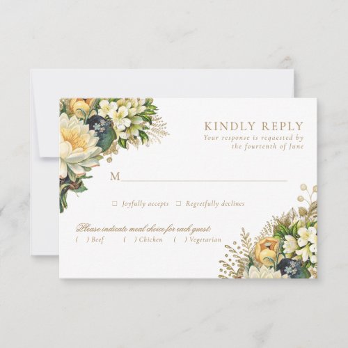 Elegant Vintage Gold  White Floral Wedding RSVP Card