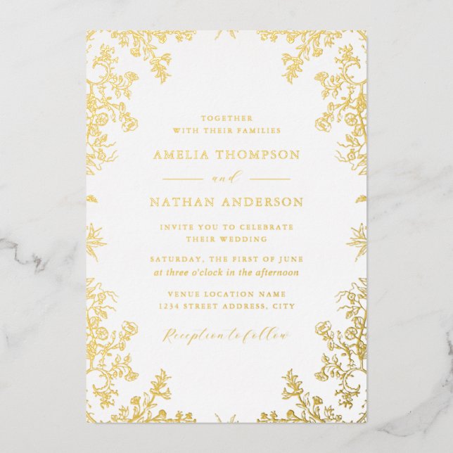 Elegant Vintage Gold White Wedding  Foil Invitation (Front)