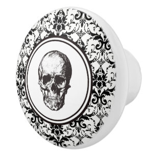 Elegant Vintage Gothic Black Damask Skull Ceramic Knob