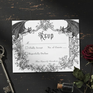 Elegant Vintage Gothic Black Toile Bat Wedding RSVP Card