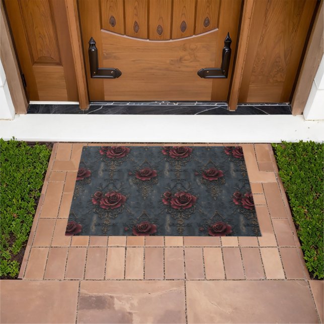 Elegant Vintage Gothic Pattern with Red Roses  Doormat (Outdoor)