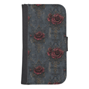 Elegant Vintage Gothic Pattern with Red Roses Galaxy S4 Wallet Case