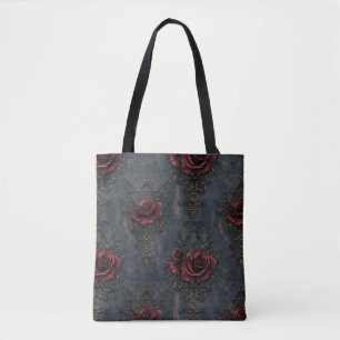 Elegant Vintage Gothic Pattern with Red Roses Tote Bag