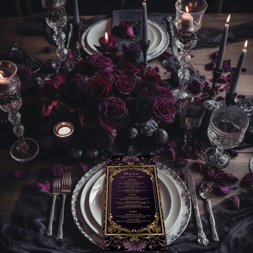 Elegant Vintage Gothic Purple and Gold Wedding Menu