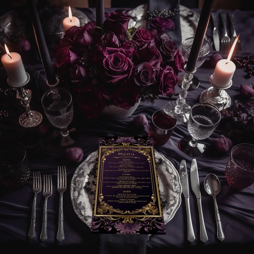 Elegant Vintage Gothic Purple and Gold Wedding Menu