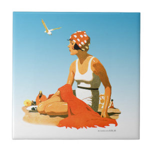 Elegant Vintage Graphic of Woman on Beach Ceramic Tile