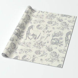 Elegant Vintage Gray Ivory Horse Floral Pattern Wrapping Paper