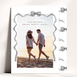 Elegant Vintage Gray Ribbon & Bow Photo Save The Date