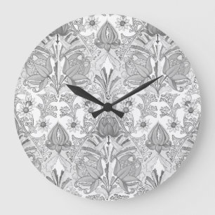 Elegant Vintage Gray White Flowers Pattern Large Clock