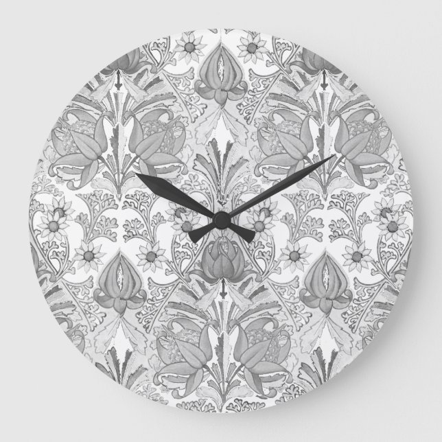 Elegant Vintage Gray White Flowers Pattern Large Clock (Front)