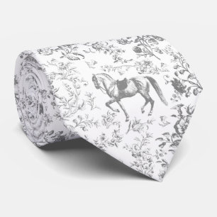 Elegant Vintage Gray White Horse Floral Pattern Neck Tie
