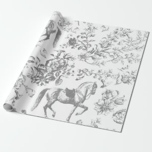Elegant Vintage Gray White Horse Floral Pattern Wrapping Paper