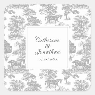 Elegant Vintage Gray White Horse Toile Wedding Square Sticker