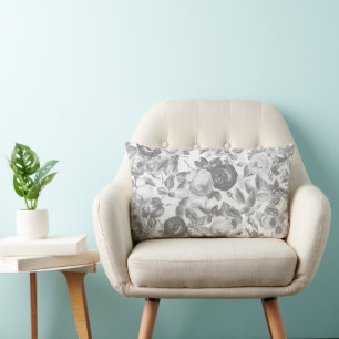 Elegant Vintage Gray White Toile Roses Floral Lumbar Pillow