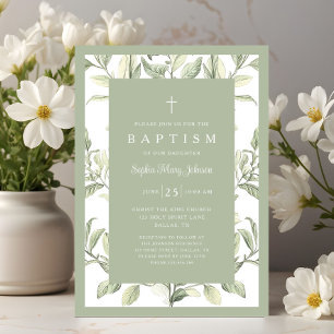 Elegant Vintage Green Botanical Baby Girl Baptism Invitation