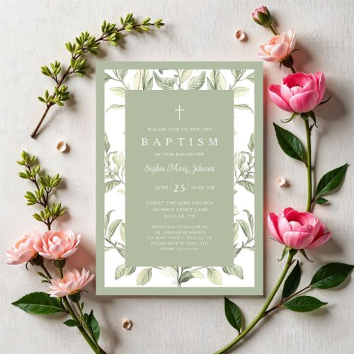 Elegant Vintage Green Botanical Baby Girl Baptism Invitation