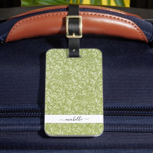 Elegant Vintage Green Botanical Script Name Luggage Tag