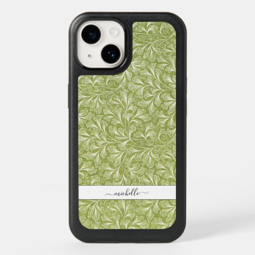 Elegant Vintage Green Botanical Script Name OtterBox iPhone 14 Case