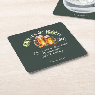 Elegant Vintage Green Cheers & Beers 50th Birthday Square Paper Coaster