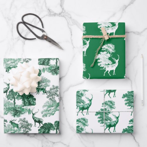 Elegant Vintage Green Country Toile Deer Woods Wrapping Paper Sheets