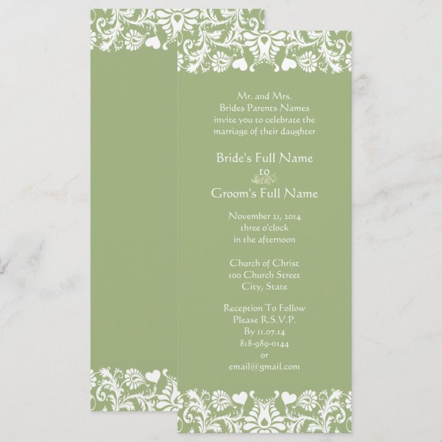 Elegant Vintage Green Damask Wedding Invitations (Front/Back)
