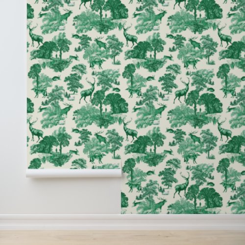 Elegant Vintage Green Deer Fox Country Toile Wallpaper