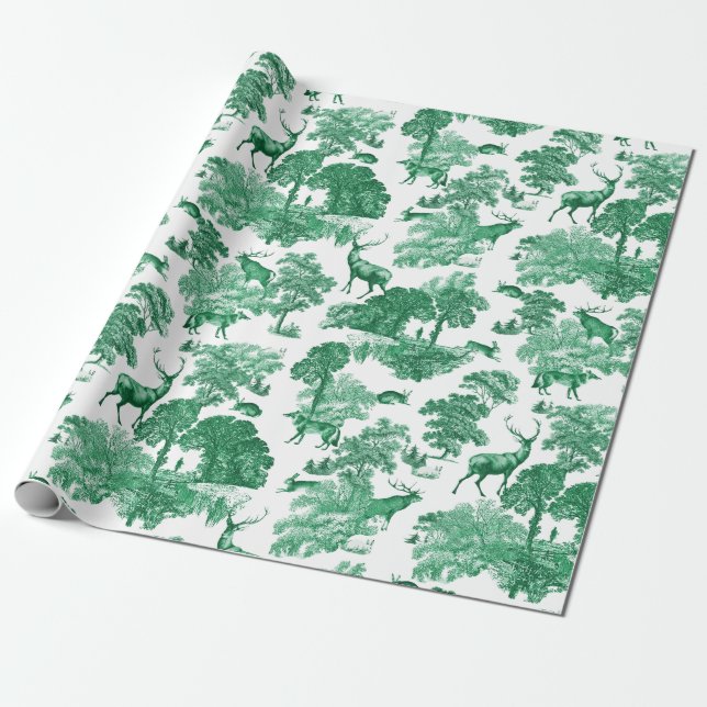 Elegant Vintage Green Deer Fox Country Toile Wrapping Paper (Unrolled)