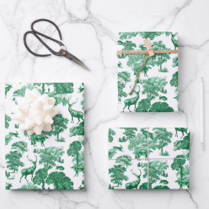 Elegant Vintage Green Deer Fox Country Toile Wrapping Paper Sheets