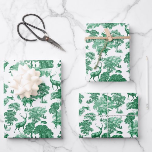 Elegant Vintage Green Deer Fox Country Toile Wrapping Paper Sheets