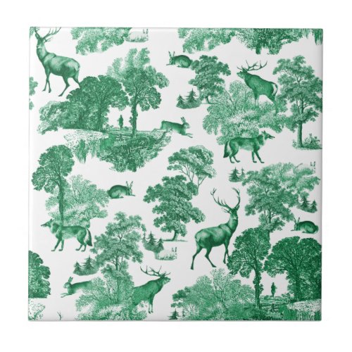 Elegant Vintage Green Deer Toile Seamless Ceramic Tile