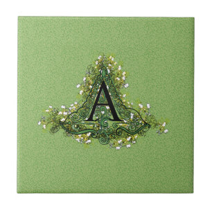 Elegant Vintage green Floral initial A monogram Ceramic Tile