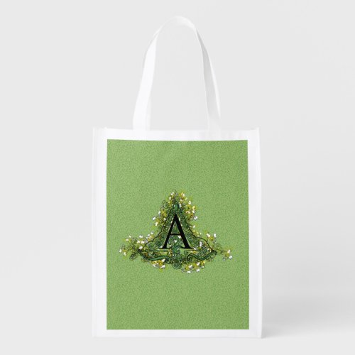 Elegant Vintage green Floral initial A monogram Grocery Bag