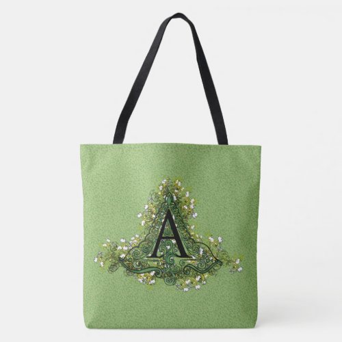 Elegant Vintage green Floral initial A monogram Tote Bag