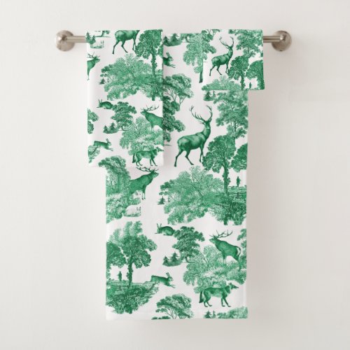 Elegant Vintage Green French Toile Deer Bath Towel Set