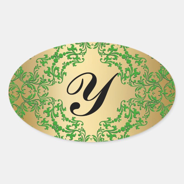 Elegant Vintage Green Monogram Gold Seal Sticker (Front)