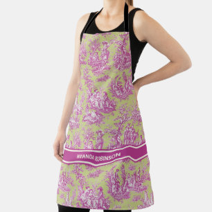 Elegant vintage green pink toile de jouy printed apron
