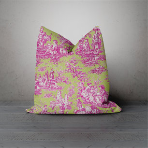 Elegant vintage green pink toile de jouy throw pillow