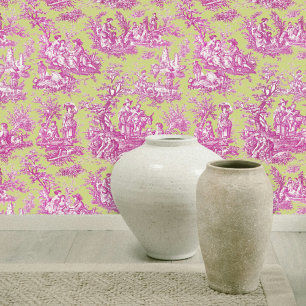 Elegant vintage green pink toile de jouy wallpaper 