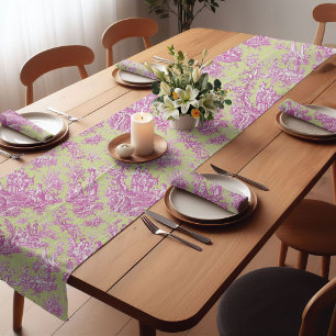 Elegant vintage green purple toile d jouy printed short table runner