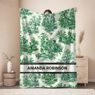 Elegant vintage green toile de jouy monogram fleece blanket