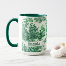 Elegant Vintage Green Toile Floral Monogram