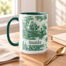 Elegant Vintage Green Toile Floral Monogram