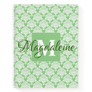 Elegant Vintage Green White Damask Name & Initial Notebook